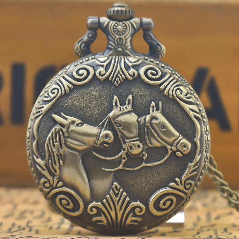 

Steampunk Vintage Bronze Quartz Pocket Watch Animal Horse Carved Necklace Pendant Clock Chain Men Women Chain Gift бронзовый