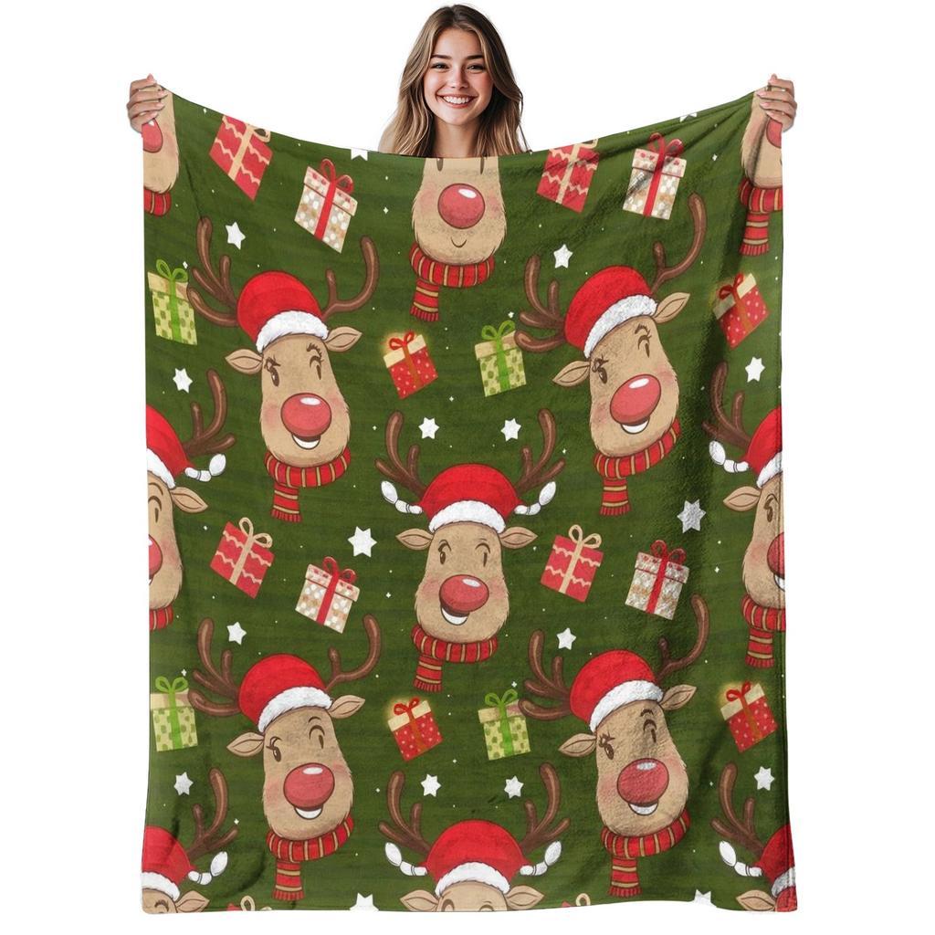 1pc Cozy Christmas Reindeer Flannel Blanket - Soft Warm 280gsm Plush All-Season Bedspread with Reindeer, Snowflakes & Bells Print in Green/Red/Golden