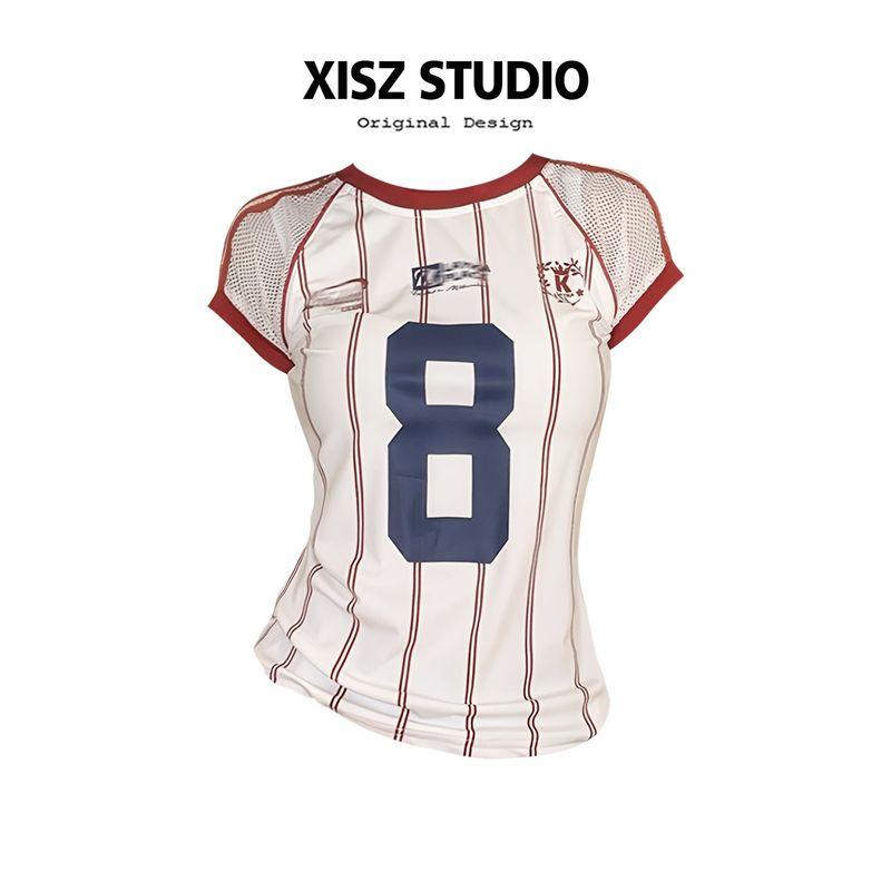 

American Retro Contrasting Color Digital Printed Jersey T-Shirt for Women, Summer Sexy Style, Cool Mesh Stripesd Short-Sleeved Top White S