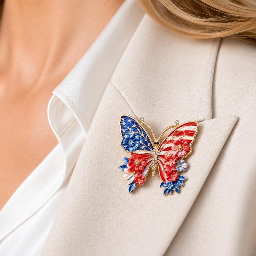 Butterfly Shaped Commemorative Pin Featuring Floral and Striped Pattern with Star Accents for 250th Anniversary Celebration of United States