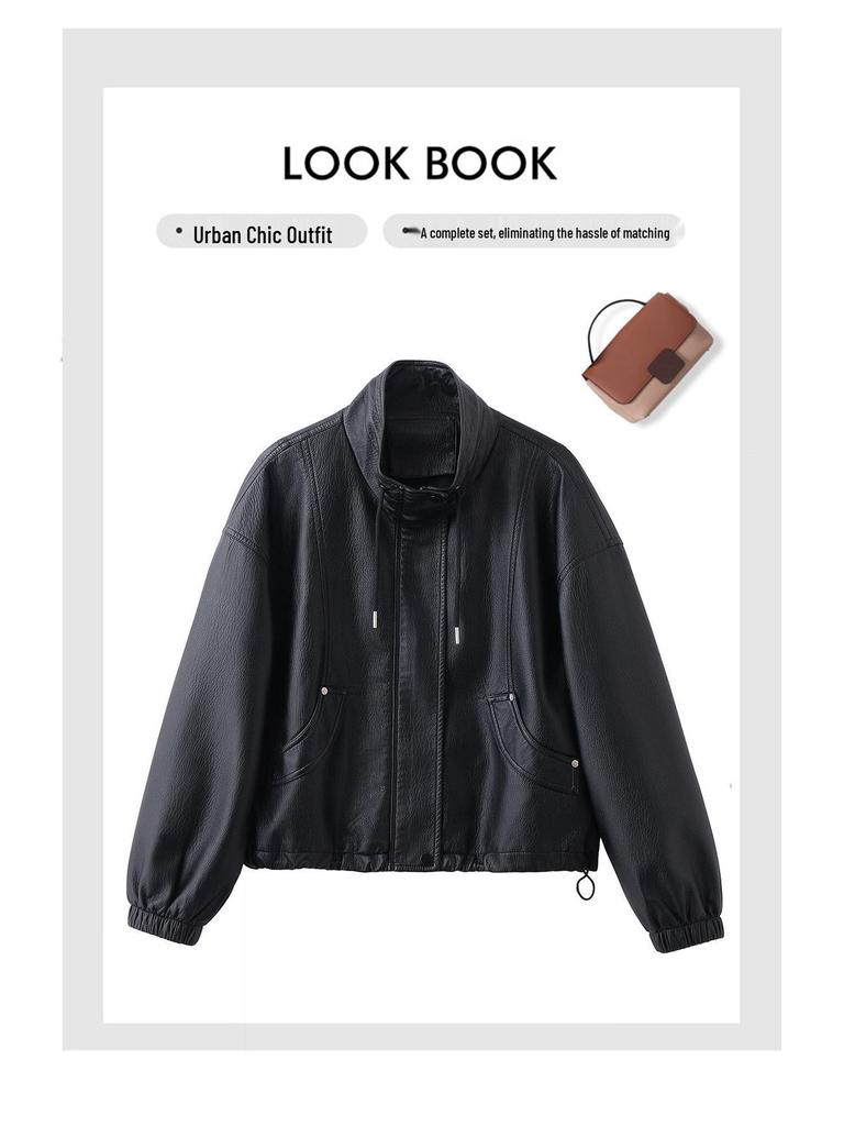 Women's Petite Leather Stand-Collar Jacket - Slimming, Stylish Motorcycle Style, Spring 2026 Fashion