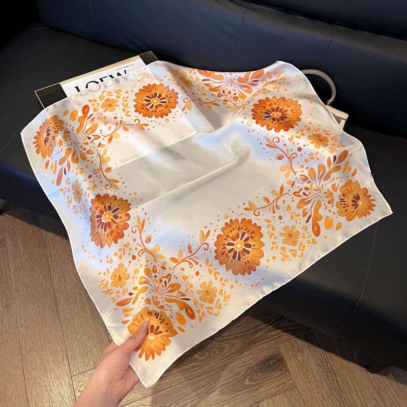 Fashion Black and White Printing Temperament Square Scarf Imitation Silk Korean Version Decorative Scarf Scarf Professional Decorative Shawl Silk Scar
