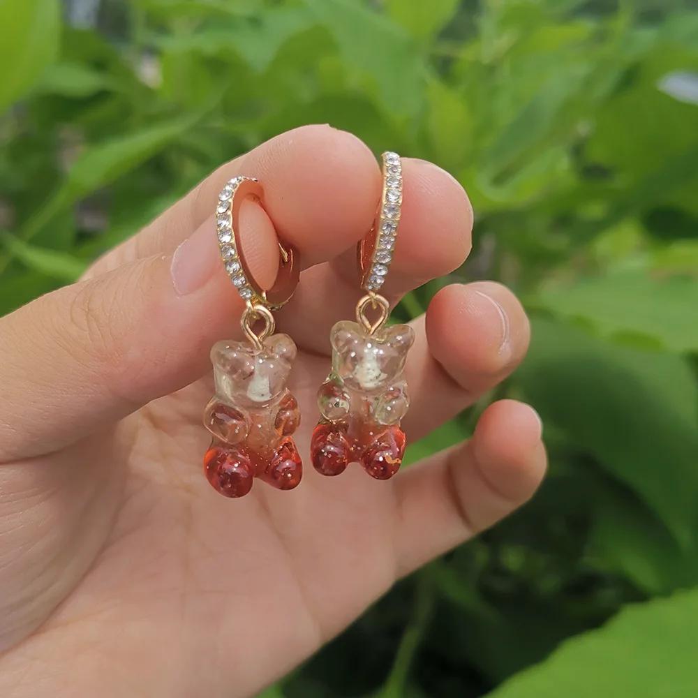 Cute Acrylic Candy Gummy Bear Dangle Earrings for Women Rainbow Bear CZ Hoop Earrings 2022 Korean Fashion Sweet Girl Zircon