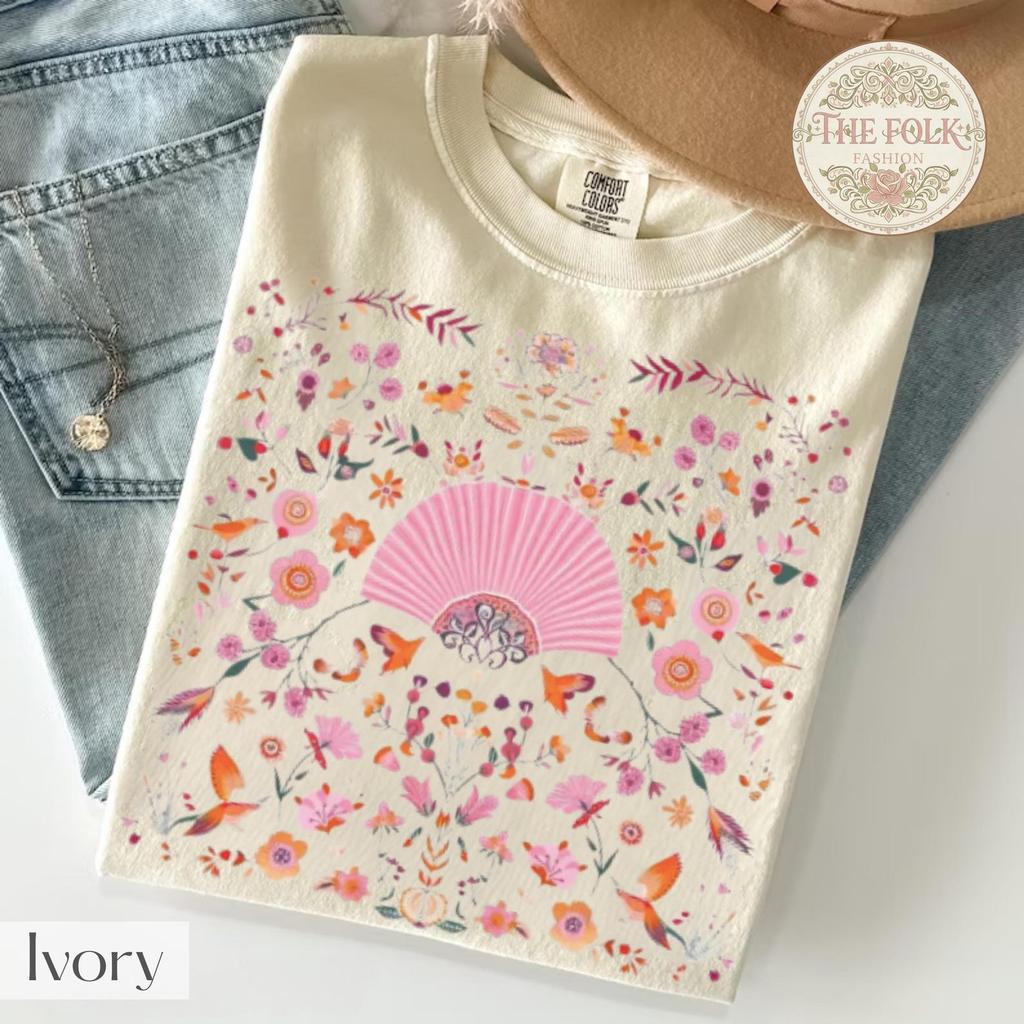 Vintage Pink Hand Fan Shirt, Floral Mandala Tee, Folk Art Bird Garden Tshirt, Boho Botanical Graphic Shirt, Cottagecore Floral Tee