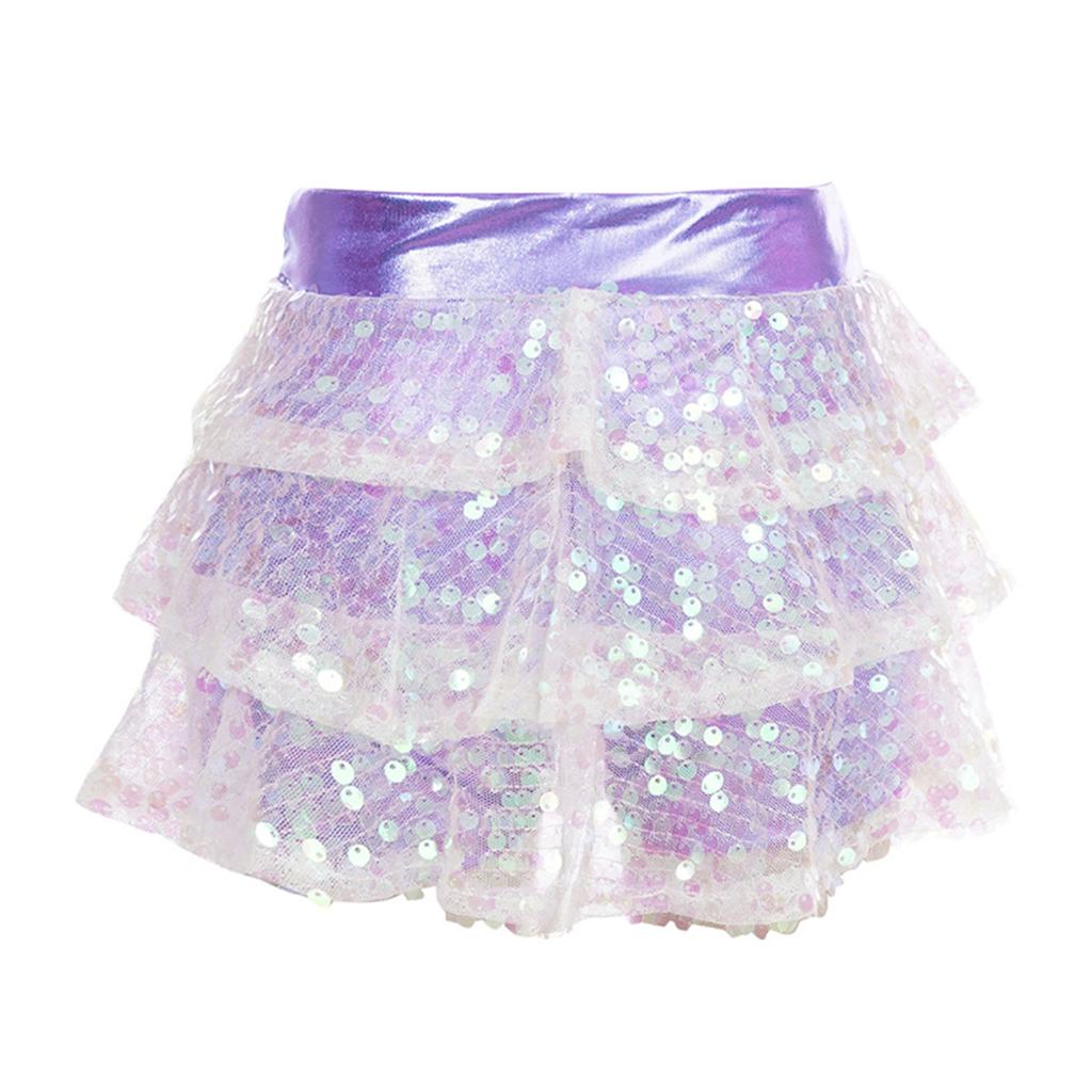 Kinder Mädchen Performance Shorts Glänzende Pailletten Stufenrüschen Design Metallic Elastische Taille Culottes Tanzbekleidung