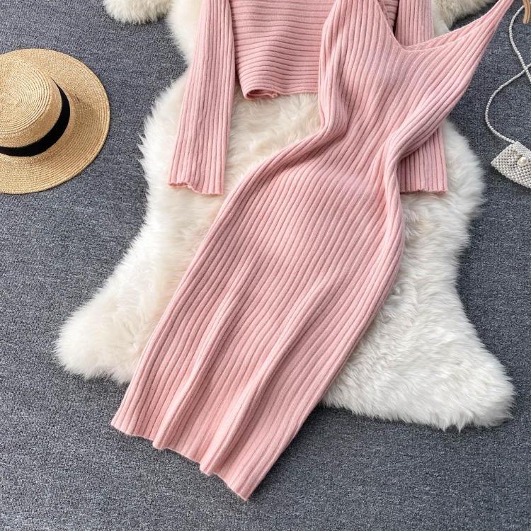 Twist Crop Sweater Solid Color Slim Knit Set Dress Two Piece Set Women All Match Autumn Winter For Ladies Hip