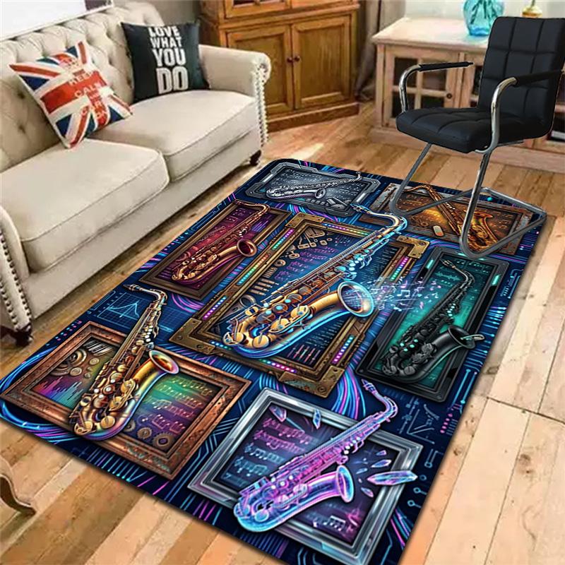 Saxophone Frames Notes Pattern Rug Floor Mat for Living Room or Bedroom Soft and Comfortable Carpet a Gift for Birthday and Holiday.