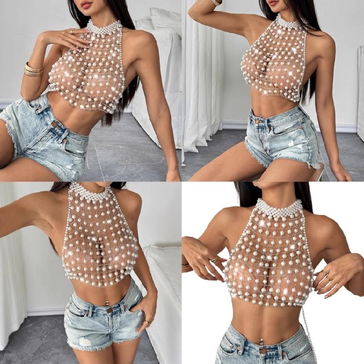 Pearls Body Chain Bra Multilayer Pearls Chest Chain Body Accessories Jewelry for Women Nightclub Raves Body Jewelry
