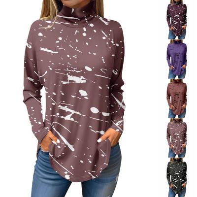 Kadınlar İçin Tişörtler Sonbahar Rahat Uzun Kollu Gömlekler Sweatshirt Vintage Baskılı Yüksek Yaka Üst Kazak