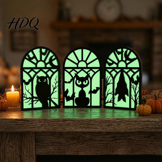 Wear-resistant Halloween Table Ornament Glow-in-the-Dark Decoration, Witch Ghost Silhouette Design, Stable Solid Wood Foldable Luminous Ornament, for
