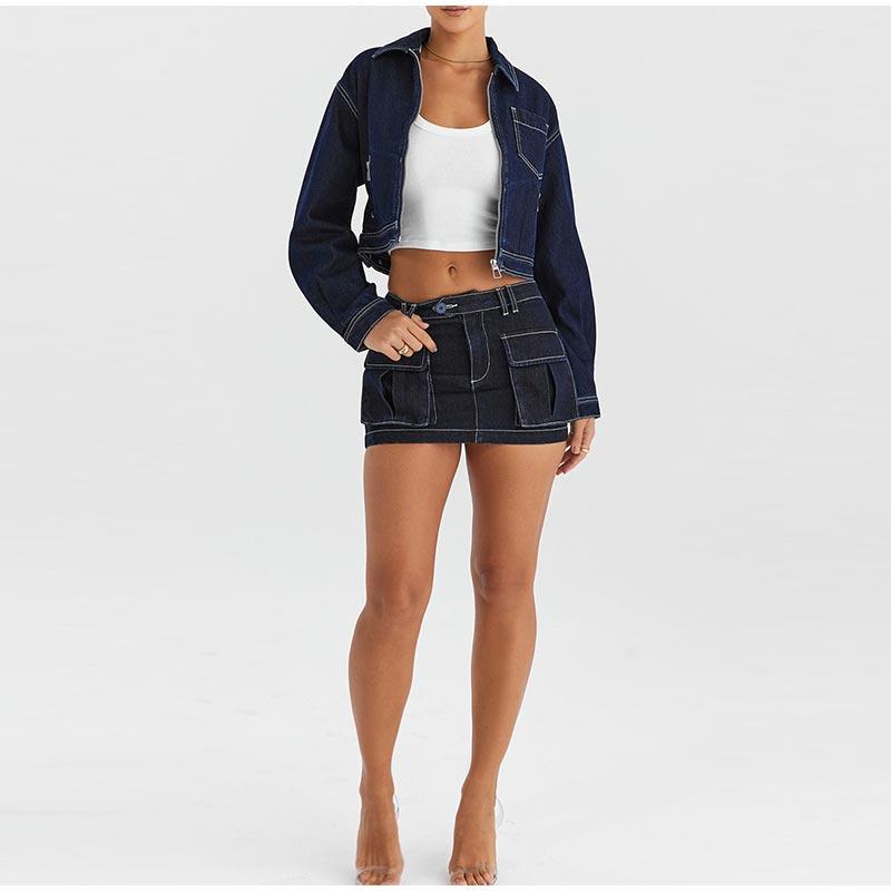 Women Denim Jackets Turn Down Collar Zippers Coats 2025 Spring Long Sleeve Basics Pockets Washing Solid Color Slim Outerwear