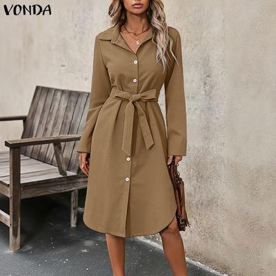 Spring Women Casual Lapel Neck Solid Color Texture Irregular Belt Long Sleeve Dress
