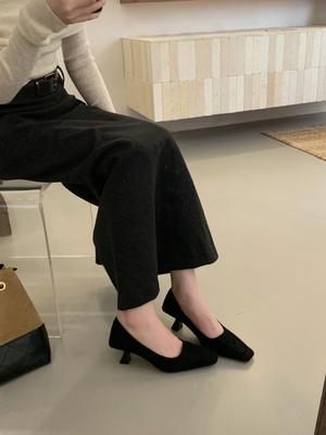 2025 New Old Money Style Workplace High Heels Suede One-pedal Ladyshoes Women's Square Head Shallow Mouth Single Shoes