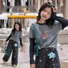 Girls' 2026 Autumn Korean Style Two-Piece Cartoon T-Shirt Set with Star Pocket Cargo Pants