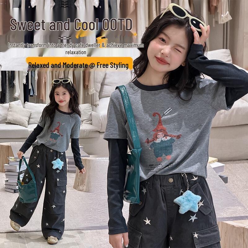 Girls' 2026 Autumn Korean Style Two-Piece Cartoon T-Shirt Set with Star Pocket Cargo Pants