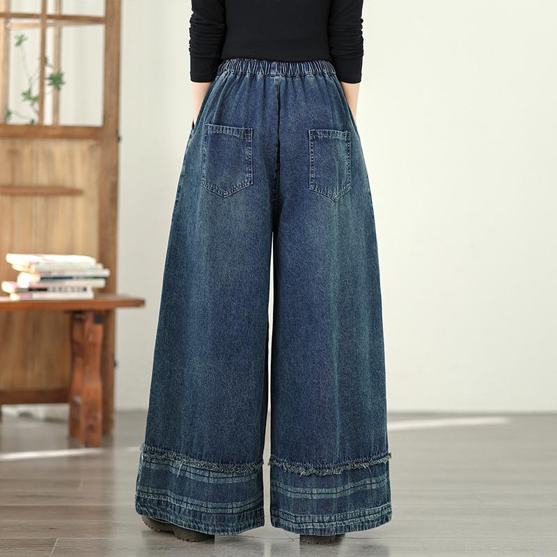 DIMANAF 2026 Summer New Plus Size Women Jeans Elastic Waist Long Pants Loose Casual Denim Cotton Trousers Plaid