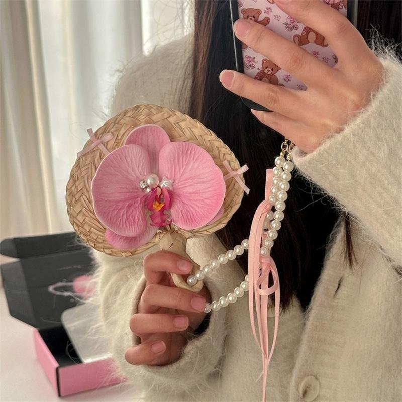 Handmade Moth Orchids Flower Pendant Portable Chain Bag Charm Handmade Fan Keychain Fashionable Bag Accessories for Phone