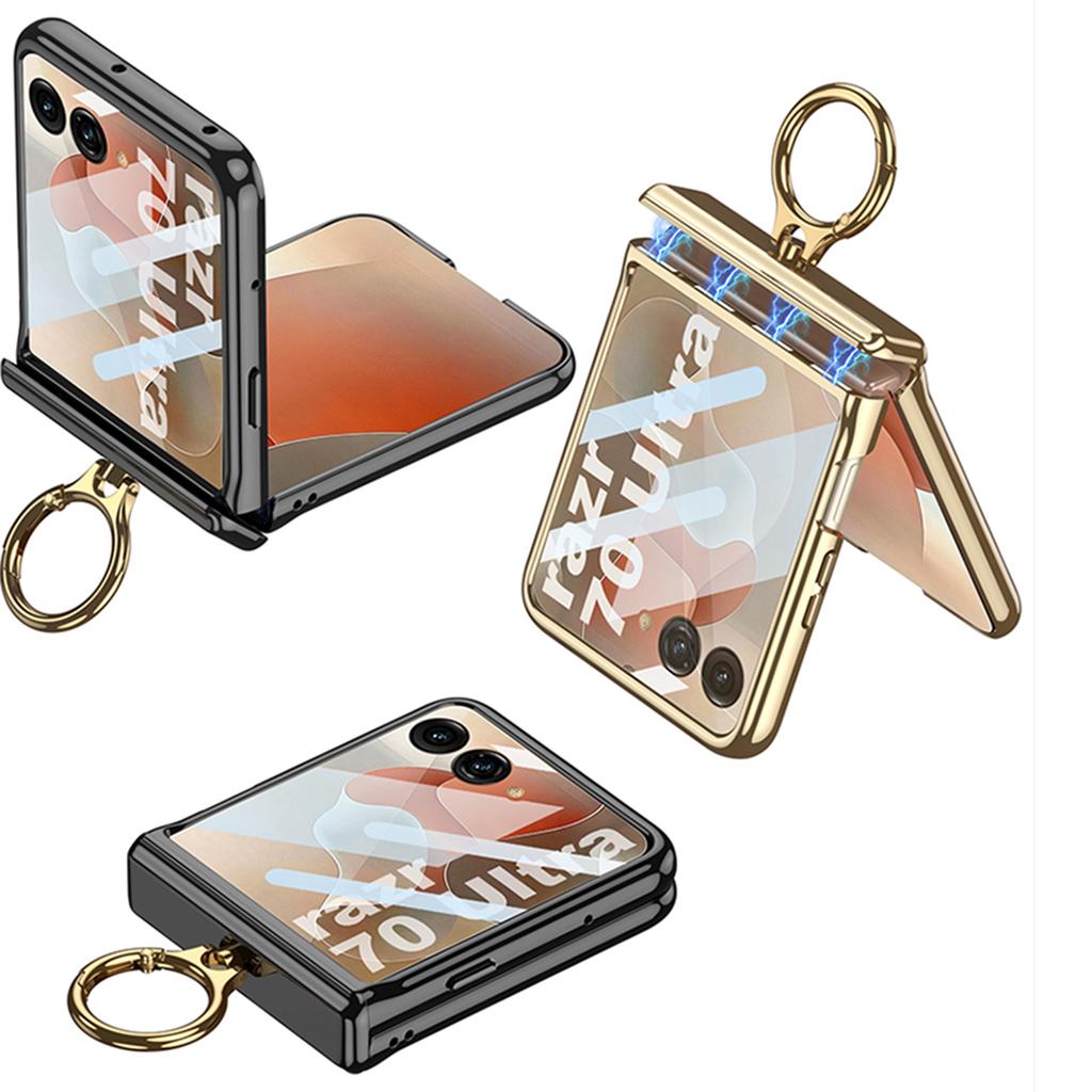 Electroplated Transparent Phone Case for Motorola Razr 70 60 Ultra with Metal Ring Holder Hinge Glass Protective Film Cover