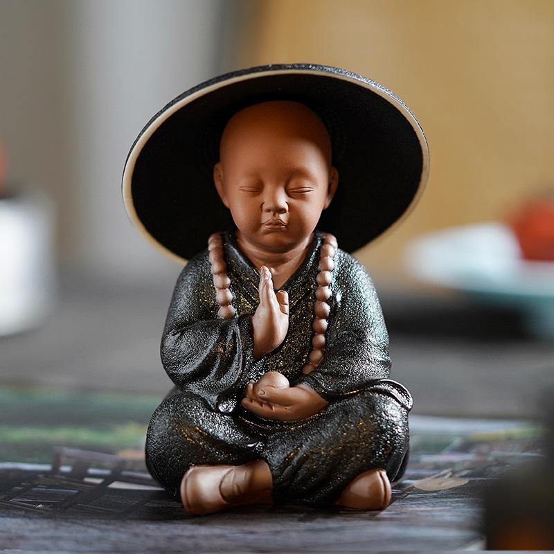 Black Pottery Buddhist Monks Miniature Figurines Buddha Statue Sculpture Tea Filter Funel Set Ornaments Home Docor Decoration