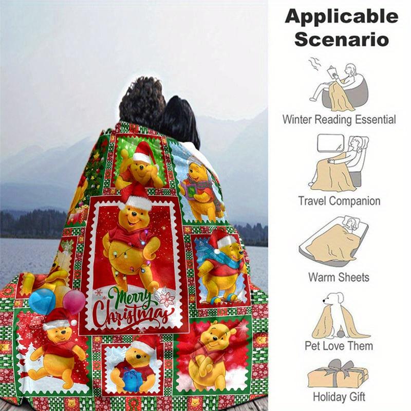 1pc. Christmas Winnie The Pooh Postage Stamps Design Blanket, Home Decorative Throw Blanket for All Seasons, Cute Cartoon Gift Idea for frie