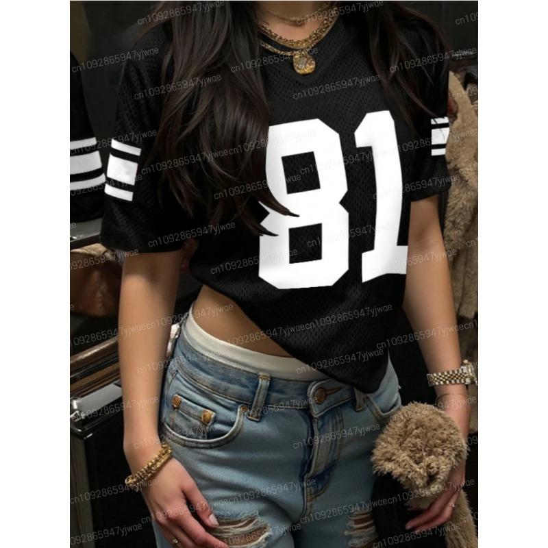 4 Colors Number 81 Print T Shirt For  Women Mesh Fabric Striped V-Neck Tee Summer  Harajuku Trend Short Sleeve Streetwear Tops