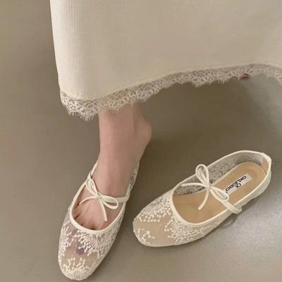 Scarpe Mary Jane da Donna con Pizzo e Fiocco Primavera Estate 2025 Moda Slip-on Comfort Stile Street Suola Morbida Scarpe Ballerine da Donna per Abito