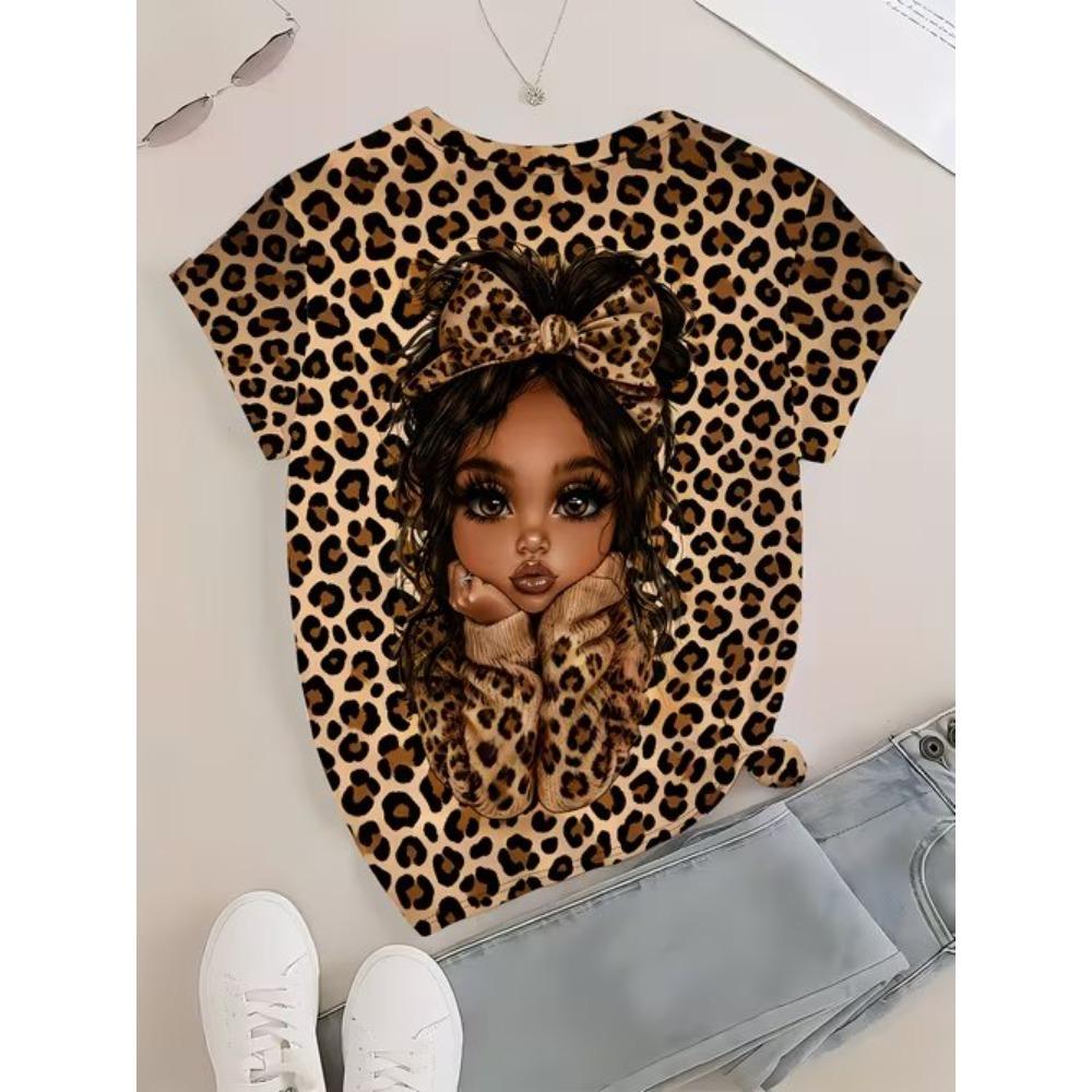 Mode Dames Luipaardprint T-shirt Grappig Casual Ronde Hals Korte Mouwen T-shirt Zomer Dames T-shirt