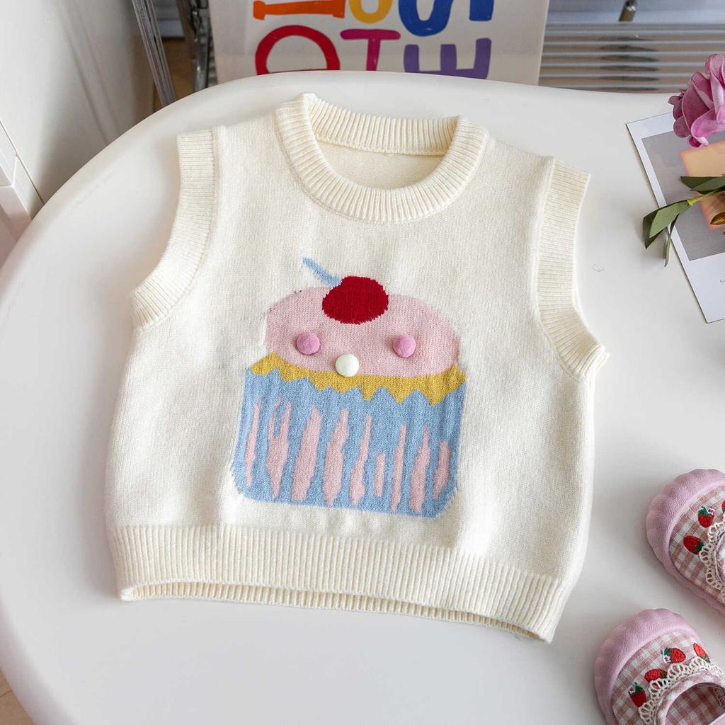 Cute Cartoon Knit Vest For Girls Spring Autumn Stylish Baby Sleeveless Outerwear Sweater Waistcoat