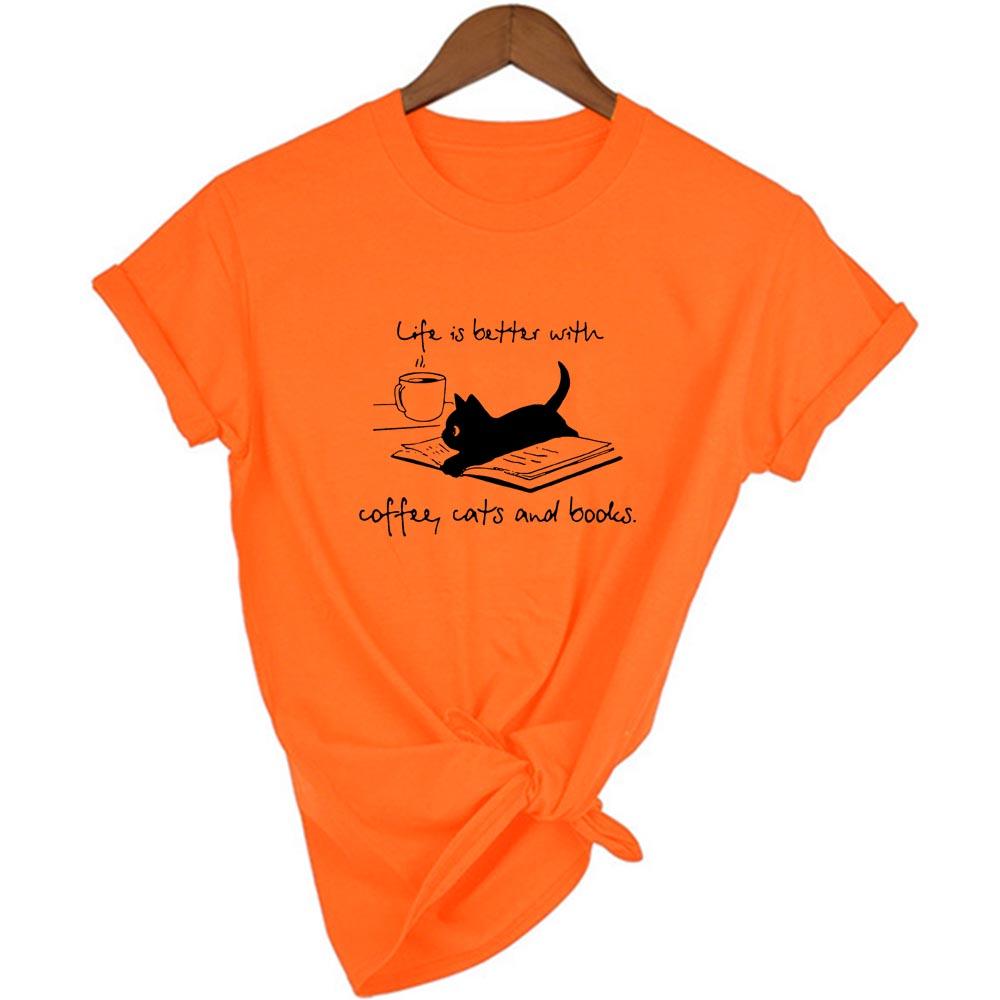 Life Is Better With Coffee Cats And Books T Shirt Women Funny Casual Tshirt Summer Style