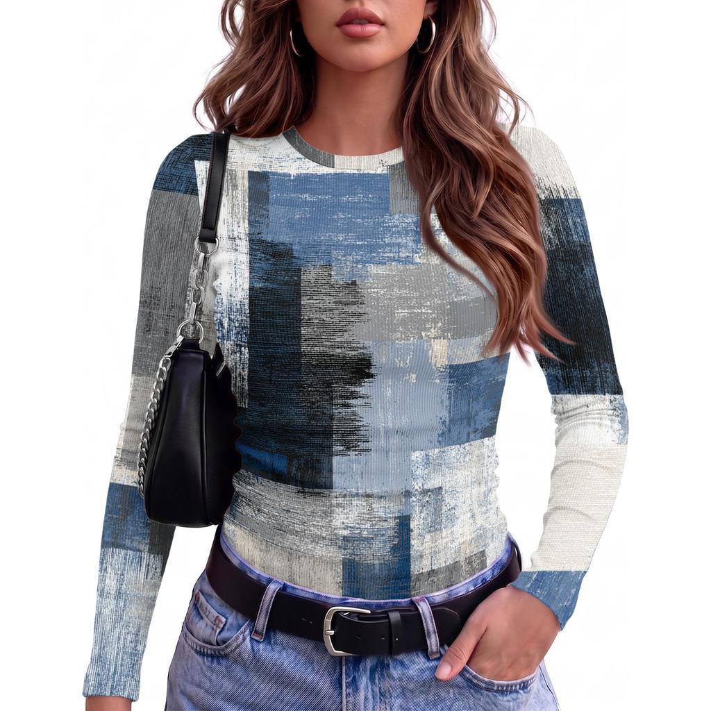 Women's Slim Fit Long Sleeve T-Shirt Vintage Print Round Neck Casual Top for Everyday Wear