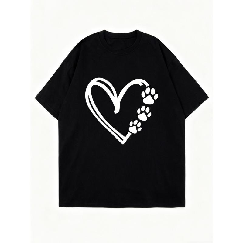 Oversized T Shirt Black Heart With Paw Prints Design Casual Wear For Women And Girls Pet Lover Fashion Summer Outfit