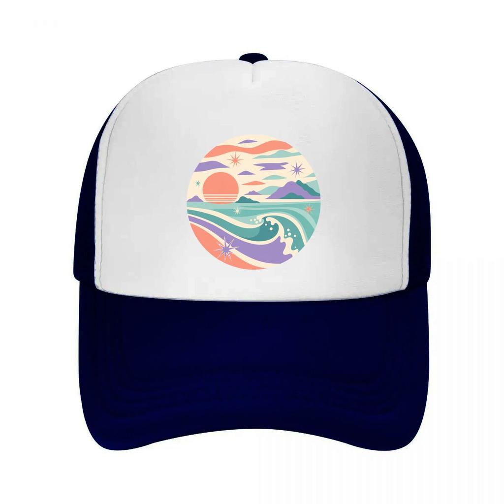 Pastel Coastal Sunset Wave Emblem Mesh Baseball Cap Casual Hat Outdoor For Womens Unisex FeUnisex