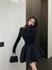Black splicing pleated long-sleeved dress women's clothing winter waist semi-turtleneck tutu skirt temperament bottoming short skirt