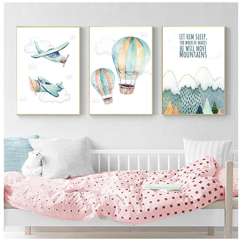 Kind Abenteuer Poster Druck Aquarell Kunstwerk Flugzeug Ballon Leinwand Malerei Wand Bild Nordic Kinder Junge Schlafzimmer Dekoration