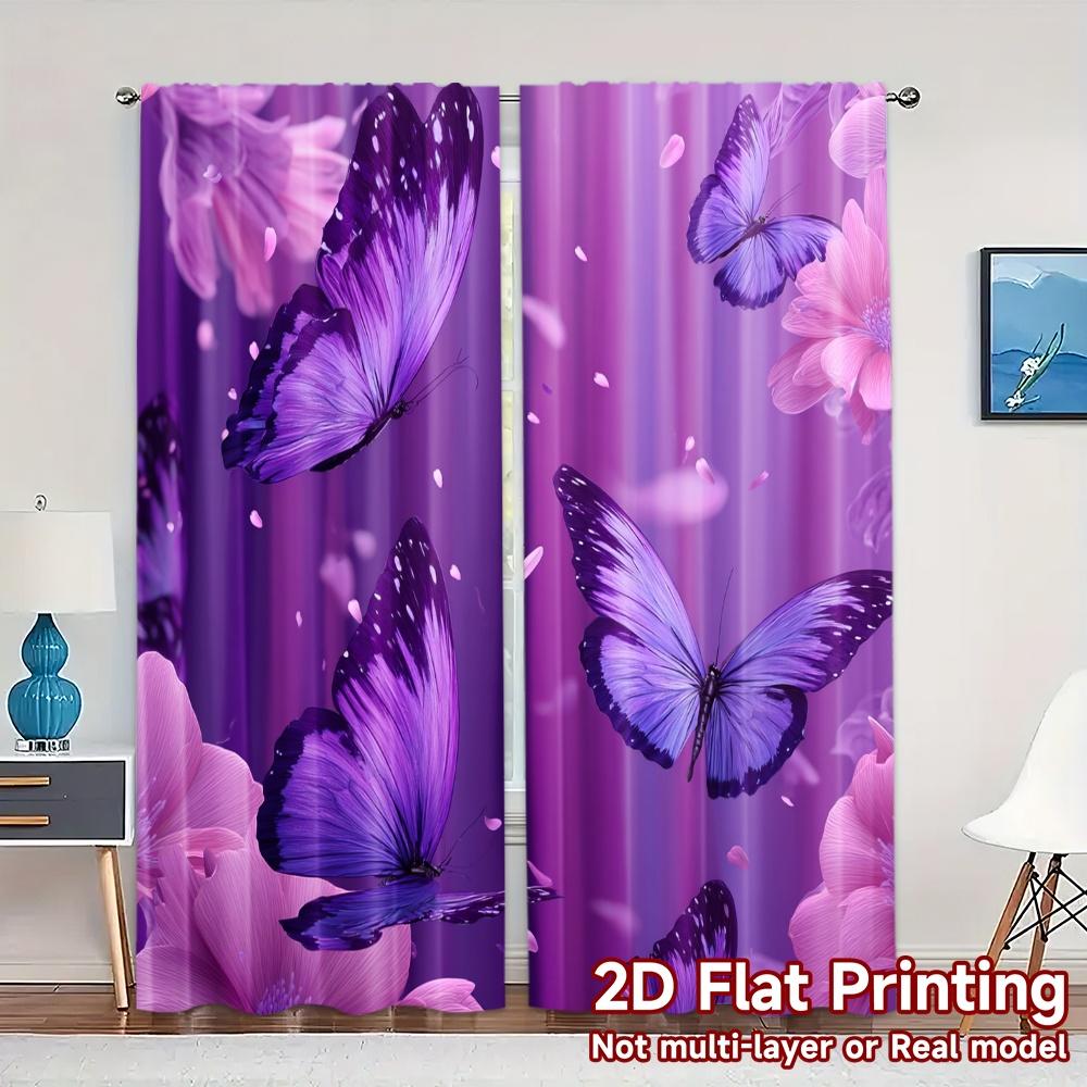 

Set Of 2 Flat Printing Jit Curtains Without Rod Butterfly Veil Popular Drapes Durable Polyester Fabric Curtain W100*H70(CM)-Grommet top&2PCS