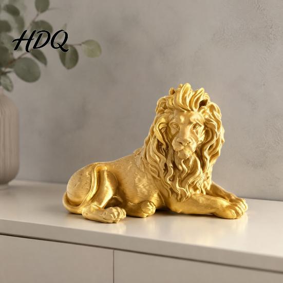 Compact Animal Statue Golden Lying Lion Resin Figurine, 3D Printed Recumbent Statue, Sculpture for Office Desk Bookshelf Wine Cabinet Tabletop