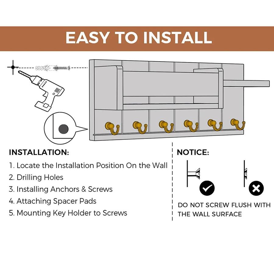 Dekorativní držák na klíče a poštovní organizér se 6 háčky na klíče Rustikální dřevěný držák na klíče na stěnu s policí pro vstup do obývacího pokoje