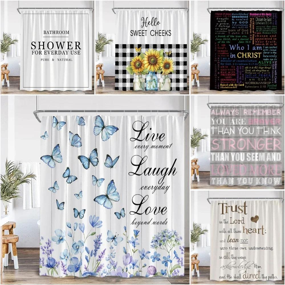 Modern Inspirational Quotes Shower Curtain Flower Butterfly Art Bathroom Decorative Polyester Fabric Bathtub Curtain