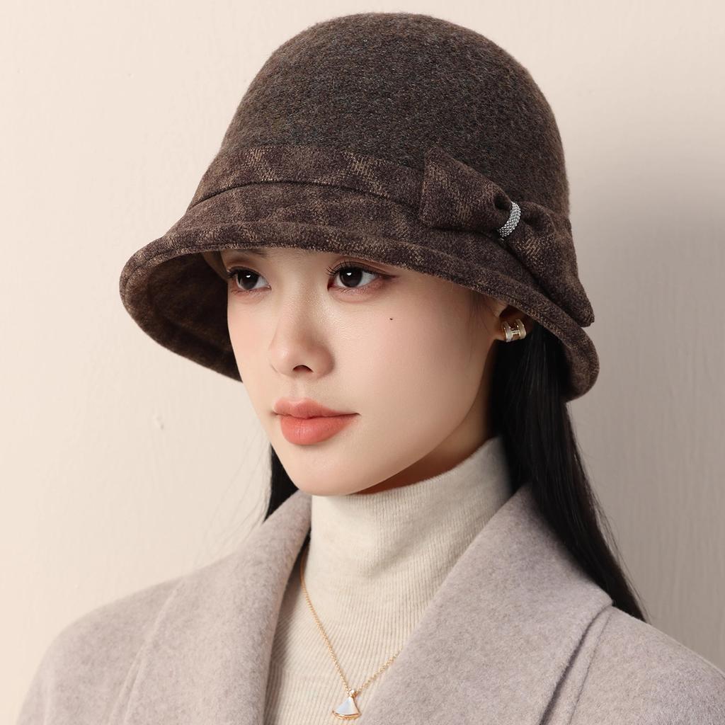 Autumn and Winter Hat Women's Retro Bucket Hat Middle-aged and Elderly Elegant Temperament Bow Mother Hat