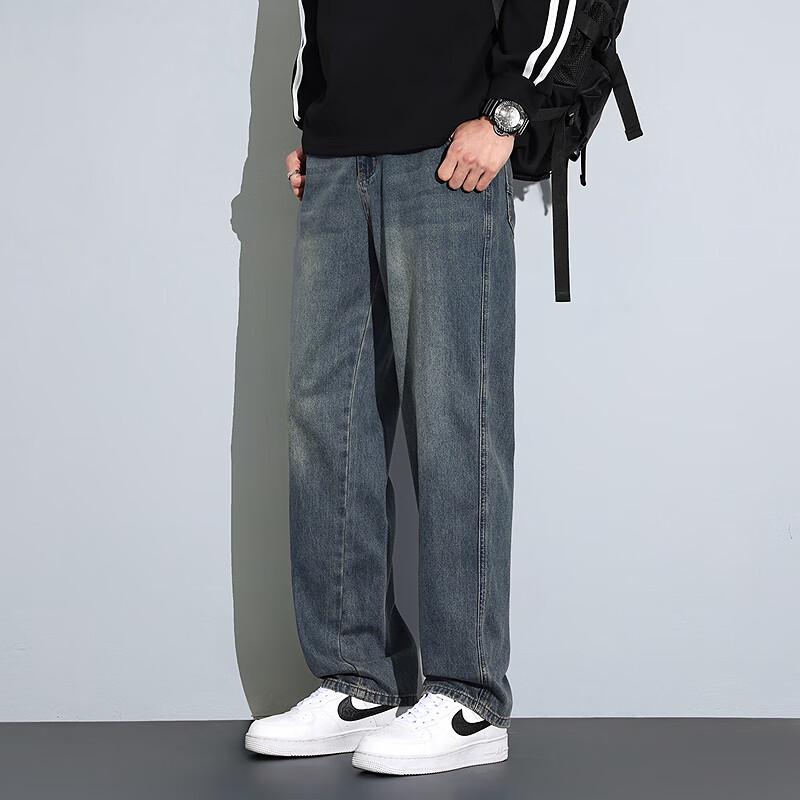 TonLion Men's Washed Retro High-Street Wide-Leg Denim Jeans