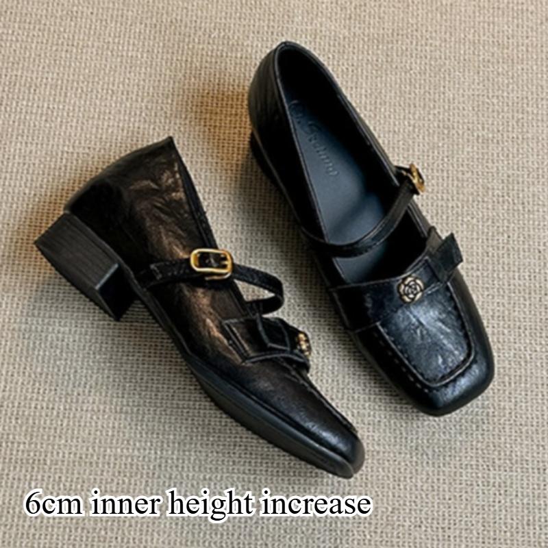 Vintage French Single Shoes for Women, Thick Heels, Single Strap Mary Jane Shoes, Commuter Camellia Leather Shoes.