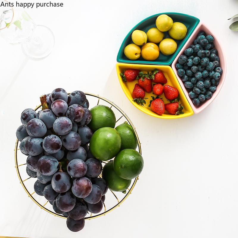 Ceramics Tall Feet Fruit Plate Iron Art Fruit Basket Three Grid Snack Platter Home Candy Plate Snack Tray Decoration Tableware
