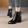 Pointed bow short boots women's new thick heel fashion boots first layer plaid cowhide ankle boots women's cotton boots