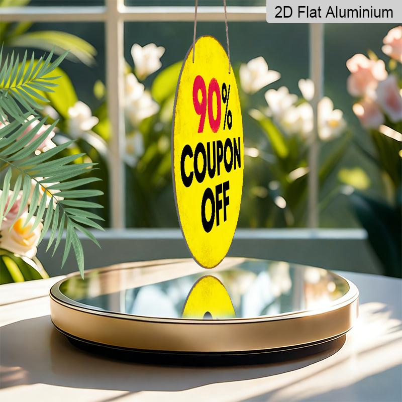 2D Flat, 1pc Round Aluminum Hanging Sign. "90% Coupon Off" Bold Yellow & Black Design. Retro Distressed Clearance Plaque. Ideal for Retail Shop