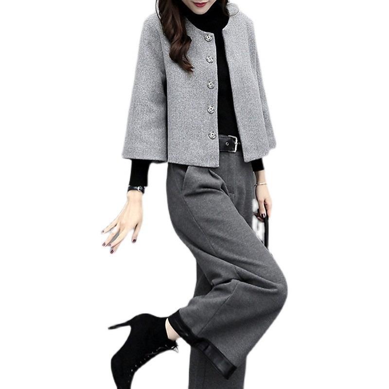 Two Piece Overpants Woolen Short Coat Wide Leg Pants Casual Fashionable Set Women Women's Autumn Winter