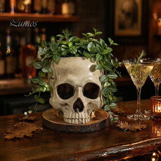 Desktop Plant Display Halloween Retro Skull Planter, Spooky Gothic Human Head Flower Pot, Indoor Potted Pot Skeleton Candy Bowl Decoration for