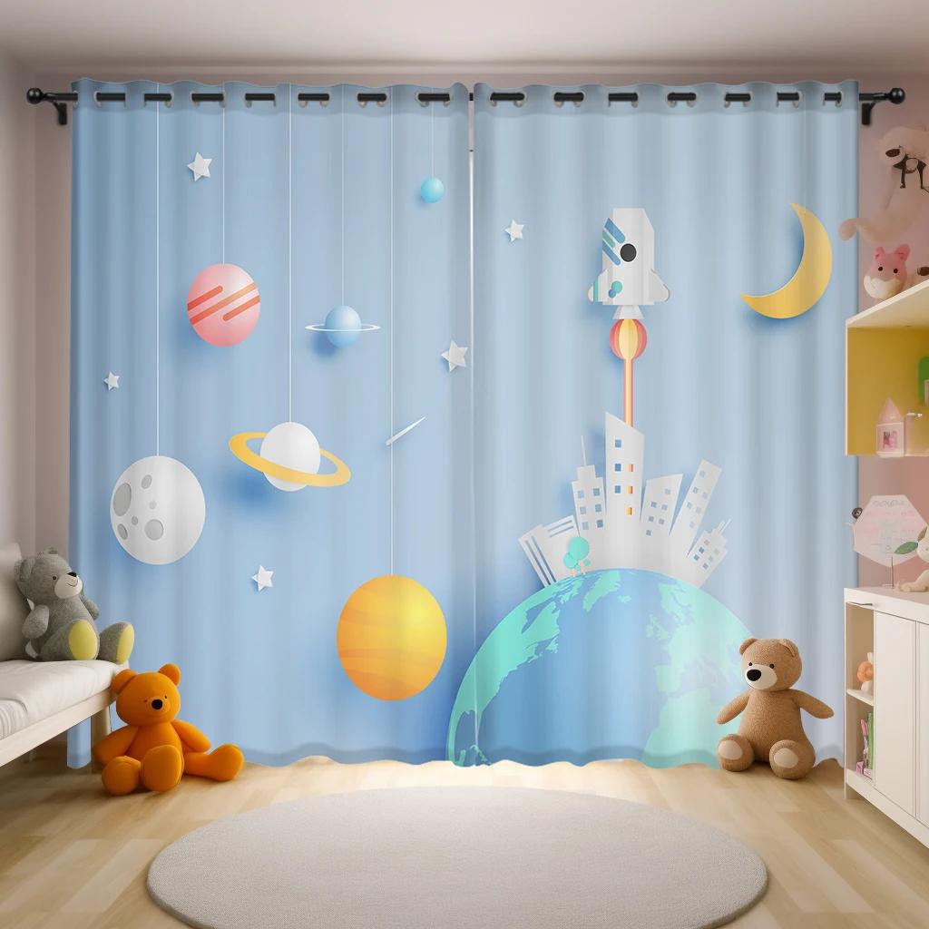 

Детские шторы на заказ с изображением астронавта, шторы с принтом «ракета-планета» для мальчиков и девочек, окна в спальне, люверсы, карманы для верхней штанги (W50H130cm)-2pcs&Grommet Top
