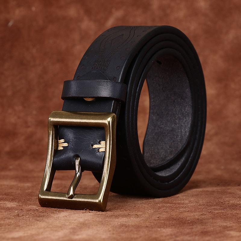 Retro Personality Trend Embossed Thickened First Layer Cowhide Belt Men'S Genuine Leather Copper Buckle Casual Jeans Belt Men'S
