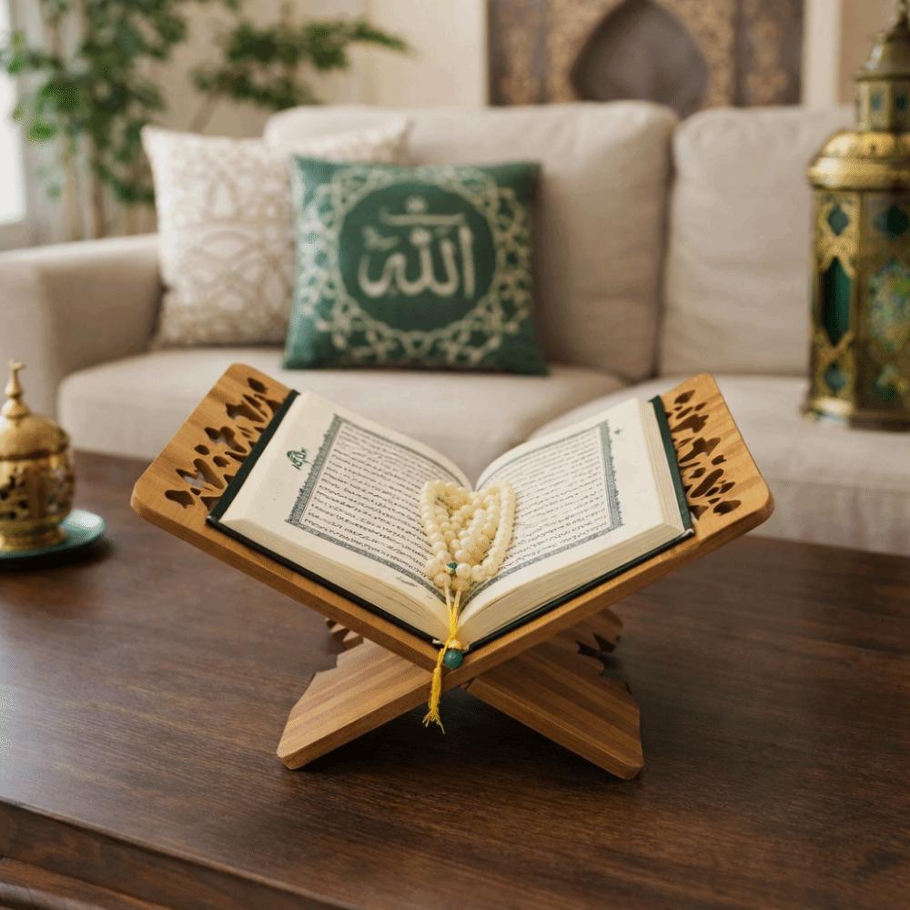 Flower Pattern Wooden Quran Holder Elegant Style Hollow Out Holy Book Shelf Detachable Recipe Storage Rack Islamic Muslim