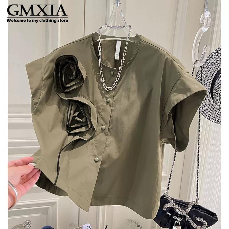 GMXIA Women's Fashion Casual Solid Color Print Short Sleeve POLO Neck Leisure Blouses & Shirts